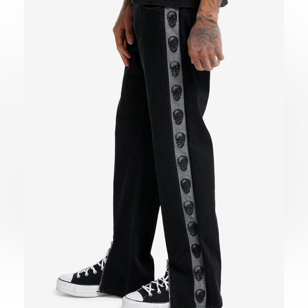 Black Skull Stripe Zipper Wide Leg Pants Hot‎ Topic